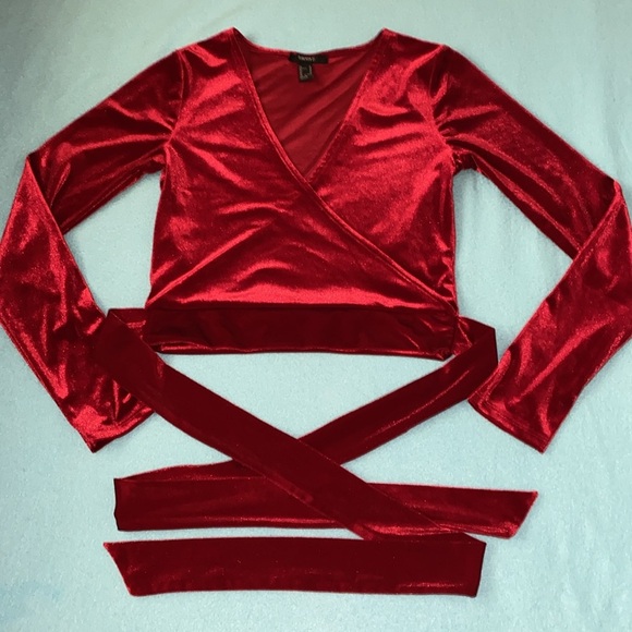 FOREVER 21 velvet red crop top faux wrap style V neck long belt ties NEW size M - Picture 2 of 12
